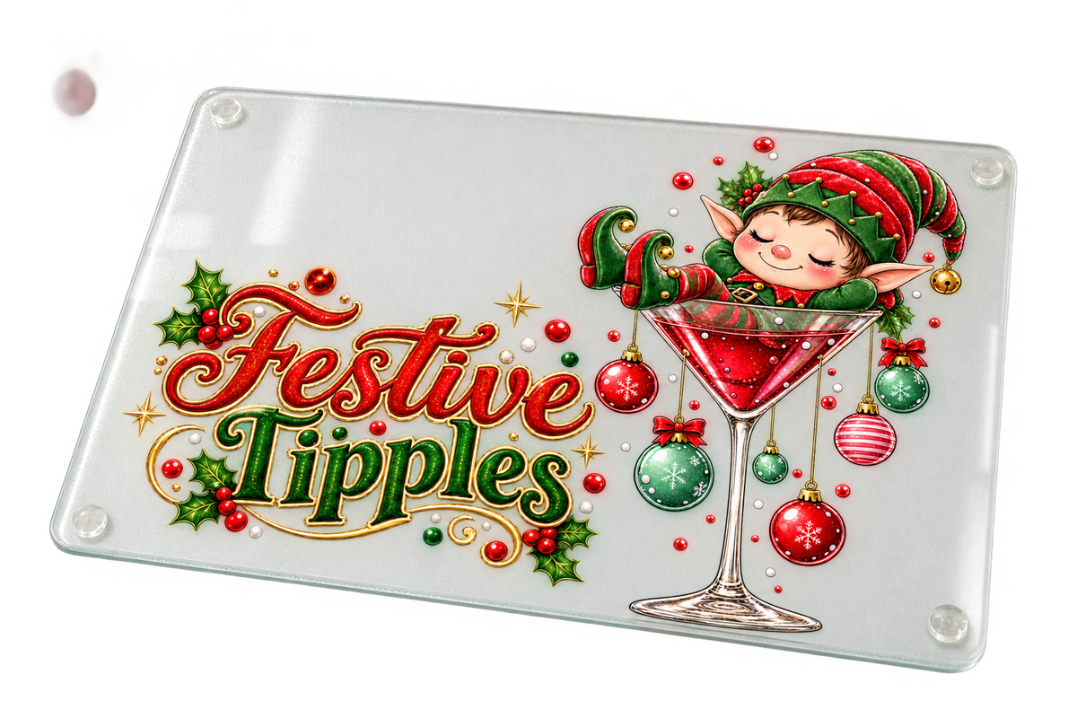 Elf Festive Tipples personalised glass chopping board sublimation print