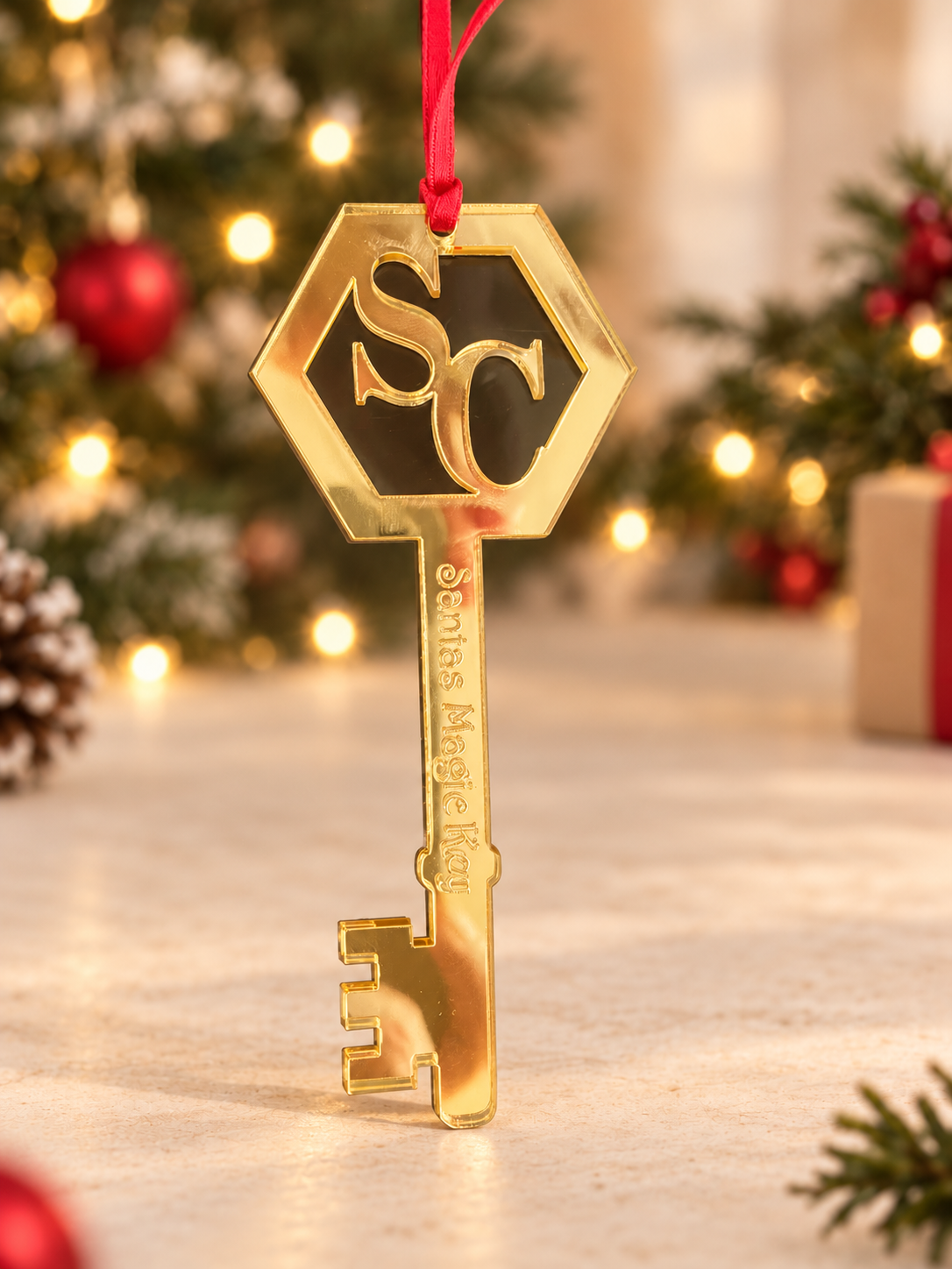 Gold mirrored acrylic Santa's Magic Key, sold in wholesale packs of 10 without ribbons
