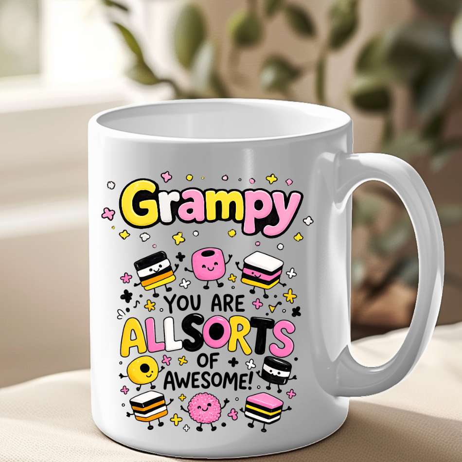 White mug with colorful text and graphics on a beige surface with a blurred plant background