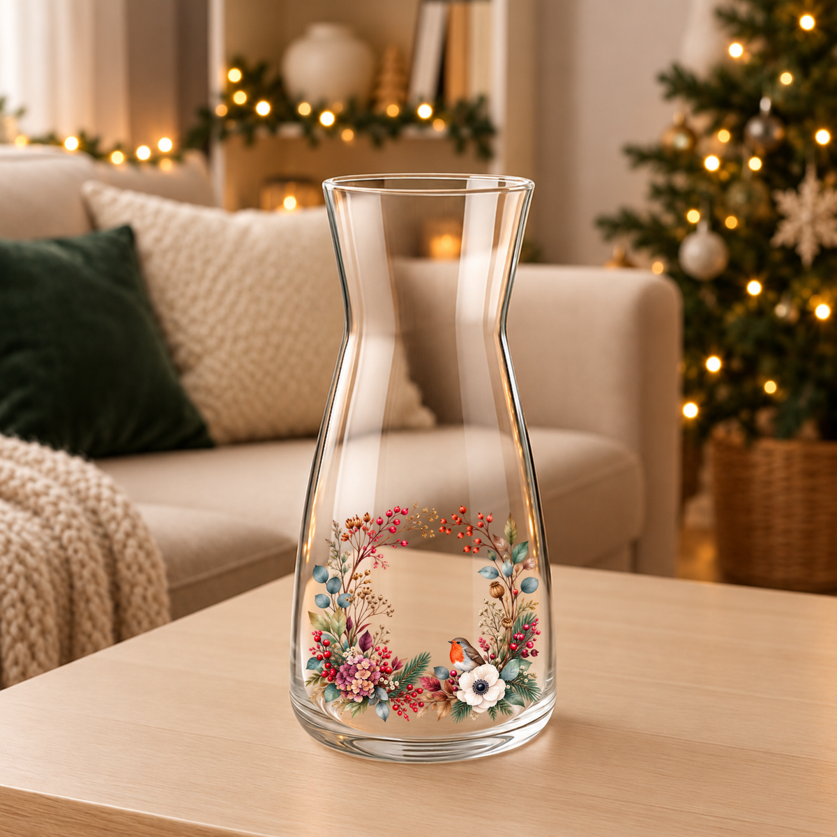 Robin & Anemone Wreath UV-DTF decal on a clear glass vase