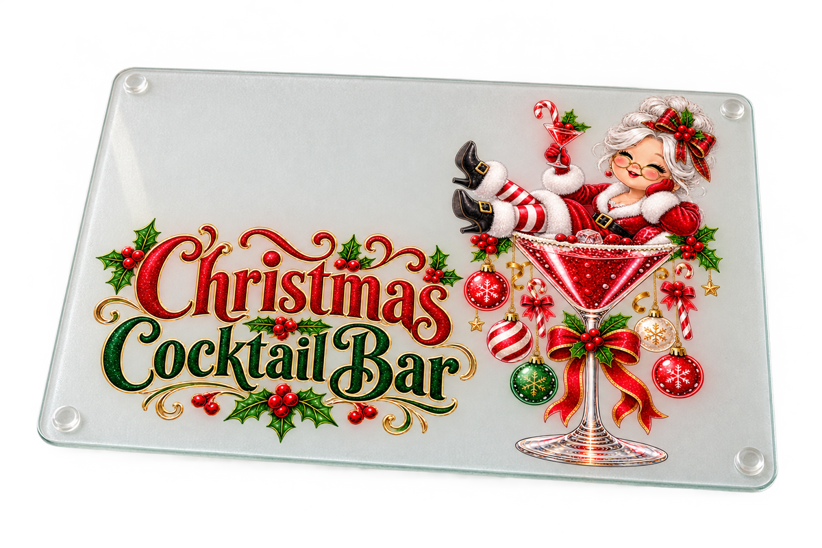 Mrs Claus Christmas Cocktail Bar personalised glass chopping board sublimation print