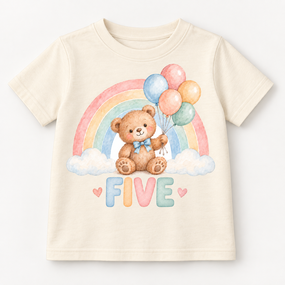 Pastel teddy bear FIVE 20cm DTF transfer cream T-shirt mock-up