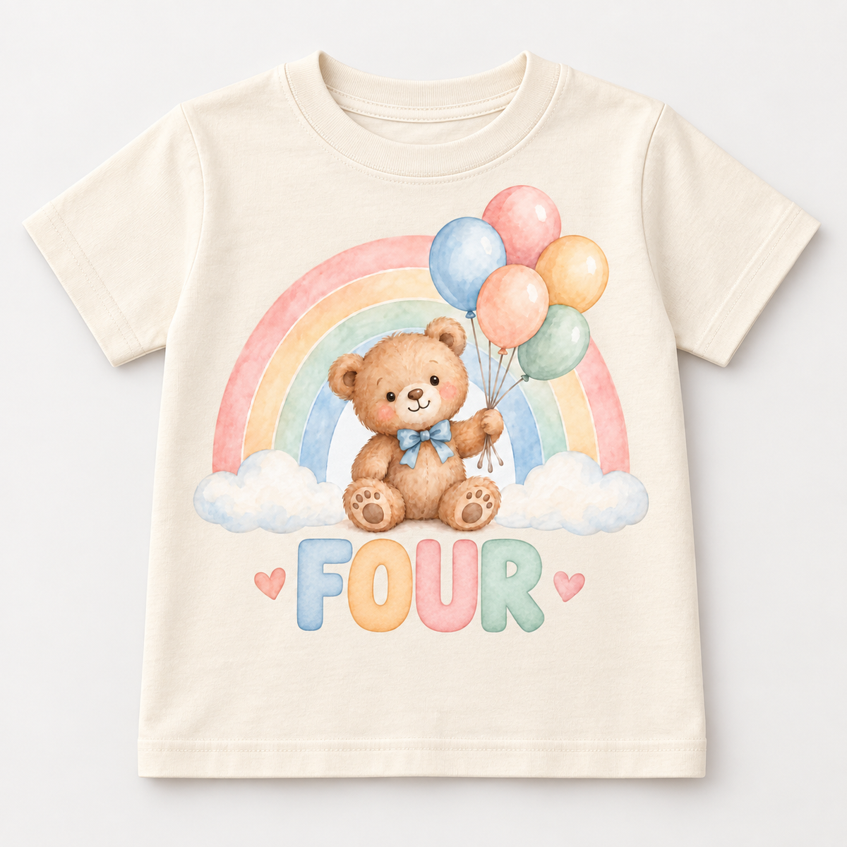 Pastel teddy bear FOUR 20cm DTF transfer cream T-shirt mock-up