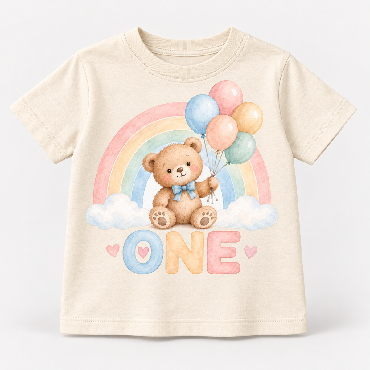Pastel teddy bear ONE 20cm DTF transfer cream T-shirt mock-up