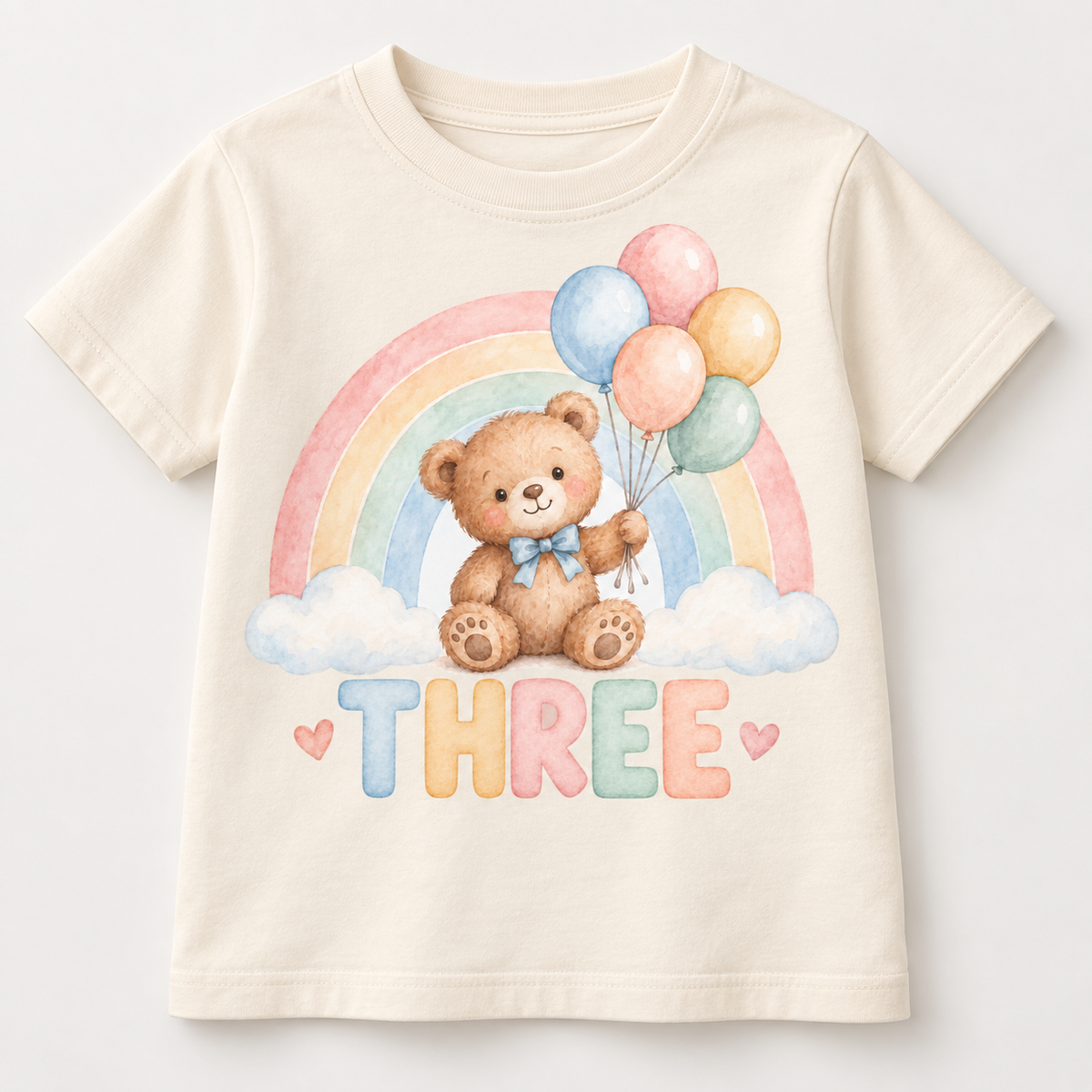 Pastel teddy bear THREE 20cm DTF transfer cream T-shirt mock-up