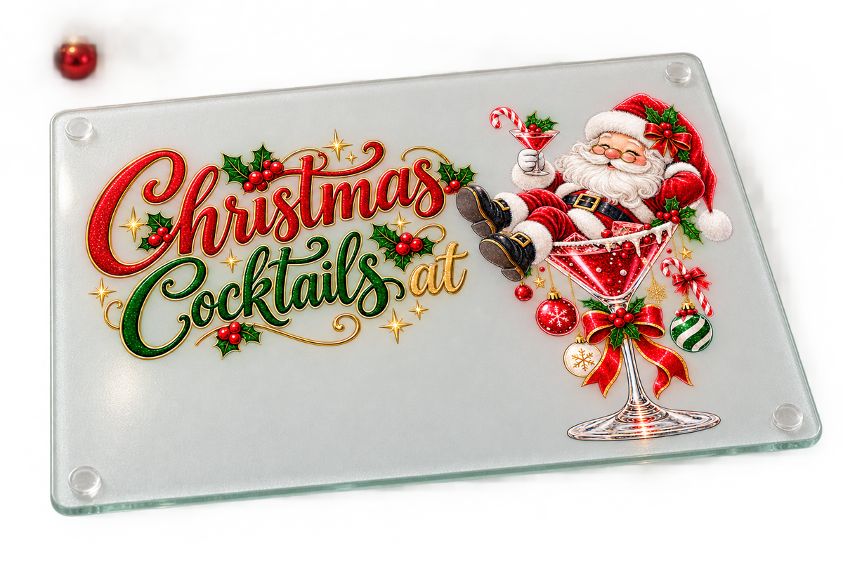 Santa Christmas Cocktails personalised glass chopping board sublimation print
