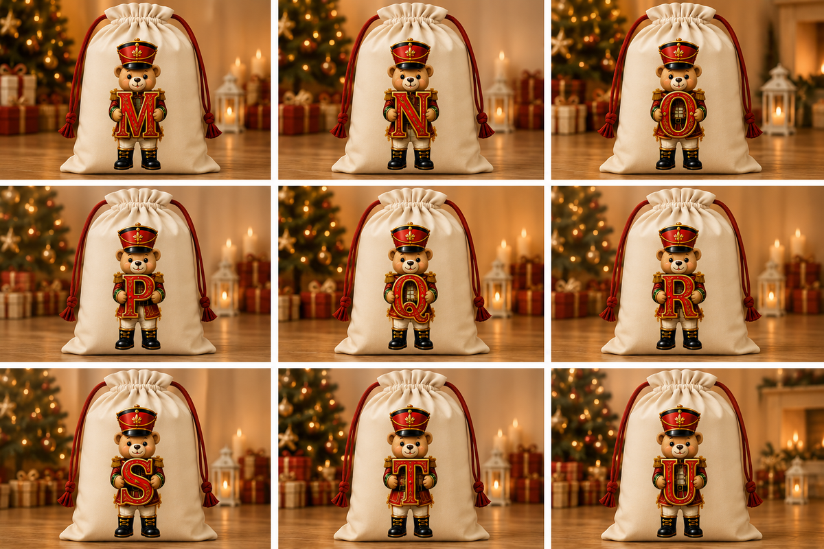 Teddy Nutcracker M-U transfers on Santa sacks