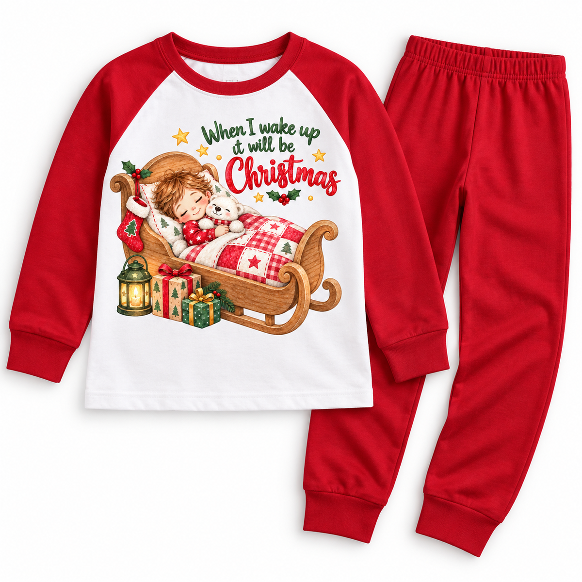When I wake up it will be Christmas Design 2 red pyjama DTF mockup
